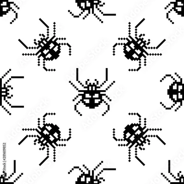 Fototapeta Pixel seamless pattern with 8 bit spider. Vector Illustration.