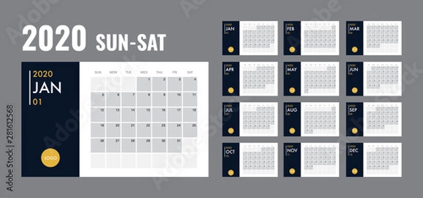 Fototapeta Calendar 2020 template planner vector diary in a minimalist style