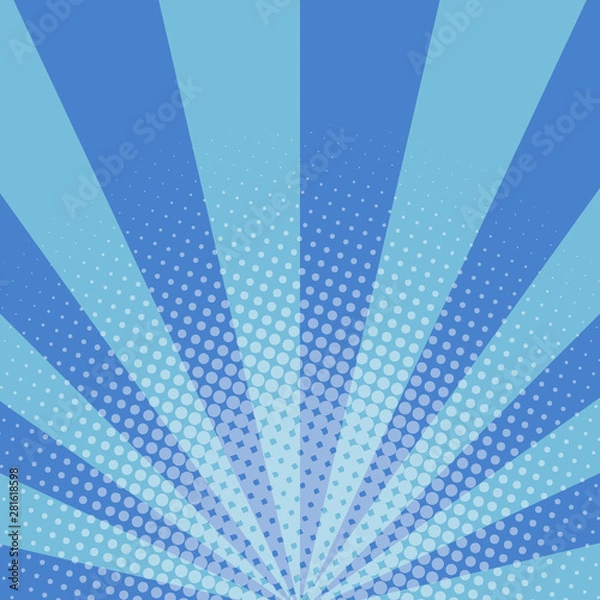Fototapeta Blue retro comic pop art background with halftone dots design, vector illustration template