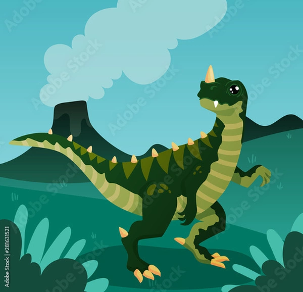 Fototapeta dinosaur on the background of a volcano in a prehistoric landscape, golboy background, sky. green dinosaur