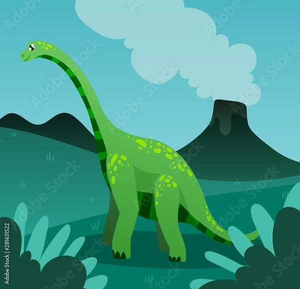 Fototapeta green longneck dinosaur on the background of a volcano in a prehistoric landscape, golboy background, sky. 