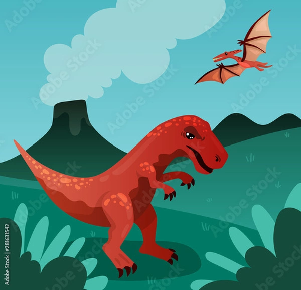 Fototapeta red tyrannosaurus and brown pterodactyl dinosaur on the background of a volcano in a prehistoric landscape, golboy background, sky. 