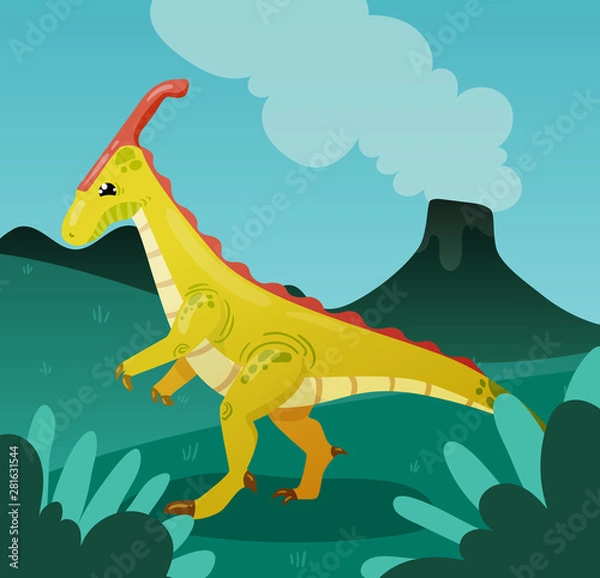 Fototapeta Yellow kind dinosaur on the background of a volcano in a prehistoric landscape, golboy background, sky.