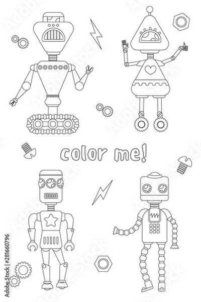 Fototapeta Coloring book with robots black and white illustration.