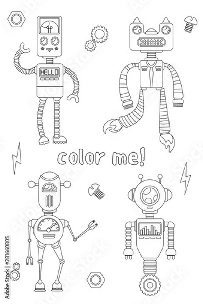 Fototapeta Coloring book with robots black and white illustration.