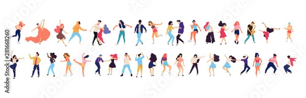 Fototapeta Crowd of young people dancing at club. Big set of characters having fun at party. Flat colorful vector illustration. - Vector