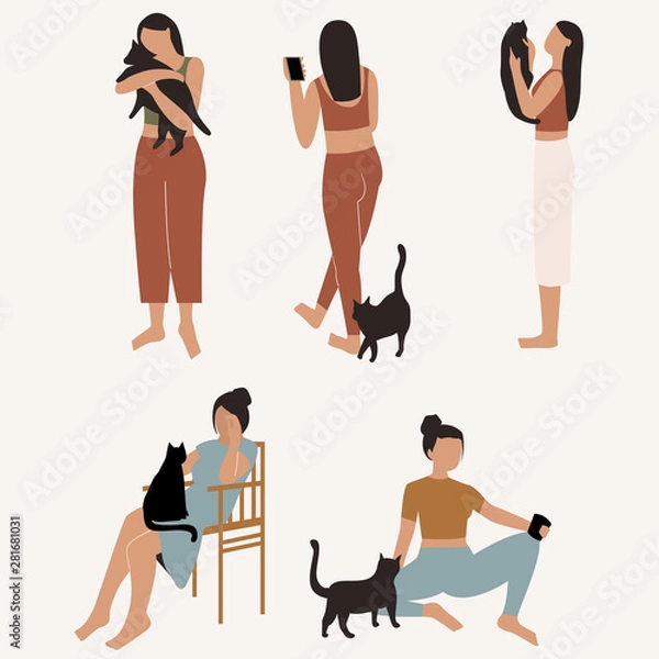 Fototapeta Woman with her cat. Woman dressed it trendy clothes spending time with a cat - holding a cat, sitting near cat and with cat in her laps. Flat vector illustration