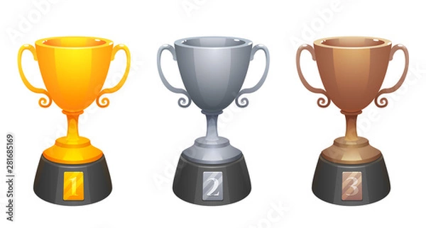 Fototapeta Vector gold, silver, bronze cups trophy awards with base. Prizes for the first, second and third place. Shiny trophy on white background.  Winners cup set.