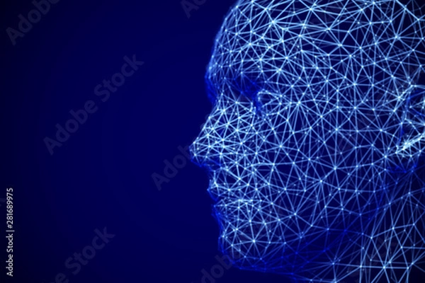 Fototapeta Koncepcja cyberprzestrzeni lub uczenia maszynowego: wielokątny profil męskiej twarzy. Cyfrowa głowa człowieka lub robota - abstrakcyjna wizualizacja sztucznej inteligencji i sieci neuronowej. EPS 10, ilustracji wektorowych.