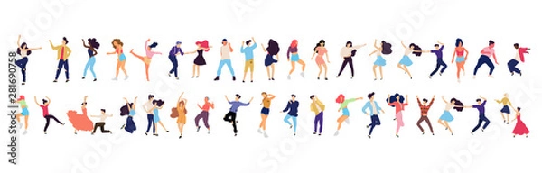 Fototapeta Crowd of young people dancing at club. Big set of characters having fun at party. Flat colorful vector illustration. - Vector