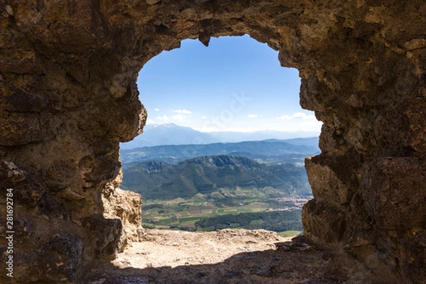 Fototapeta Panoramical view from Cathar castle Queribus over valley in Occitania, France