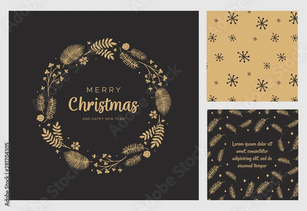 Fototapeta Merry Christmas and Happy New Year greeting card. Wreath with gold leaves, pine branches and fir cones. Round frame for winter design on black background. Vector illustration in modern style
