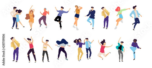 Fototapeta Crowd of young people dancing at club. Big set of characters having fun at party. Flat colorful vector illustration. - Vector