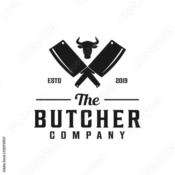 Fototapeta Butcher logo with cleaver and cow's head silhouette