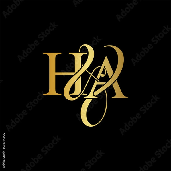 Fototapeta Initial letter H & A HA luxury art vector mark logo, gold color on black background.