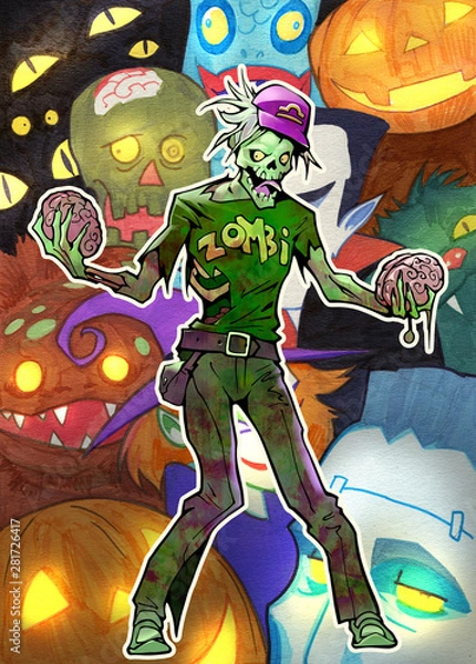 Fototapeta Original illustration of a funny mascot zombie as a zodiac sign libra choosing which brain to eat