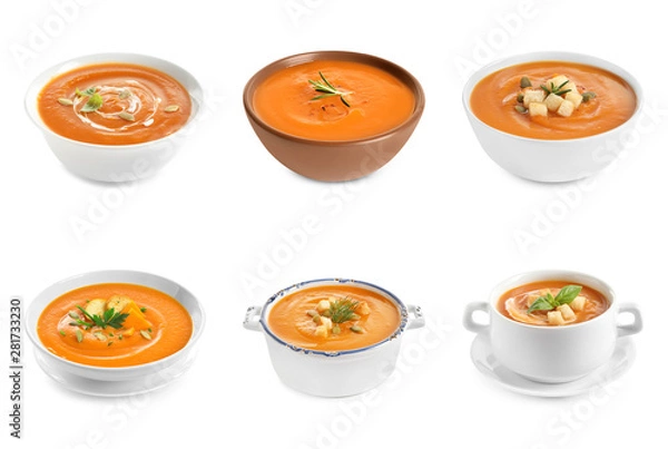 Fototapeta Set of fresh homemade pumpkin soup with croutons on white background