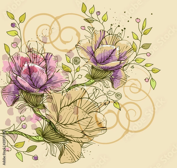 Fototapeta vector background with   hand drawn flowers and swirls