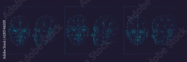 Fototapeta Face Recognition Biometric Scanning System Concept Abstract Tech background Low Polygon face: masculine, feminine and childish, full face and profile. Scanning Template Background Vector Illustration