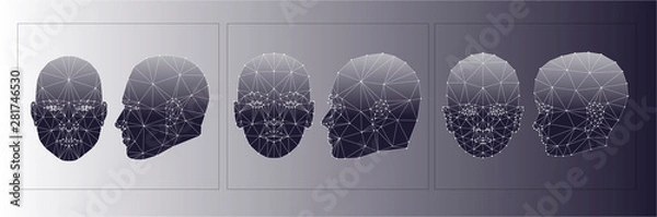 Fototapeta Face Recognition Biometric Scanning System Concept Abstract Tech background Low Polygon face: masculine, feminine and childish, full face and profile. Scanning Template Background Vector Illustration