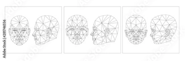 Fototapeta Face Recognition Biometric Scanning System Concept Low Polygon face: masculine, feminine and childish, full face and profile. Scanning Template Background Vector Illustration isolated on white