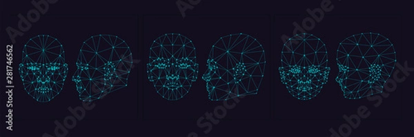 Fototapeta Face Recognition Biometric Scanning System Concept Abstract Tech background Low Polygon face: masculine, feminine and childish, full face and profile. Scanning Template Background Vector Illustration