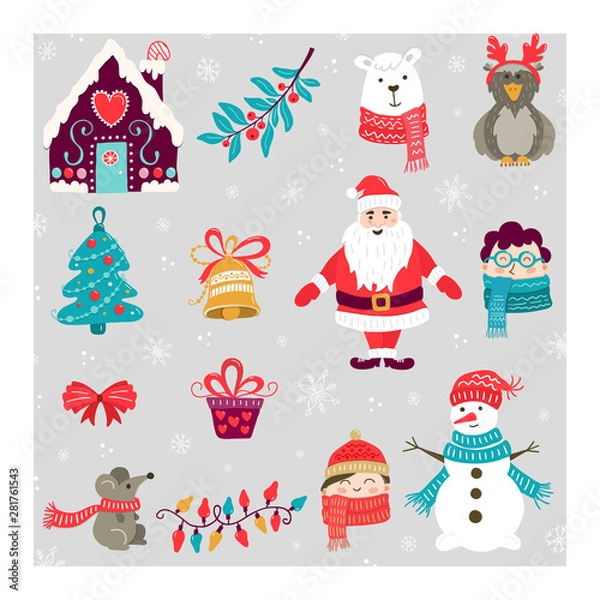 Fototapeta Christmas set of hand drawn holiday decorative elements