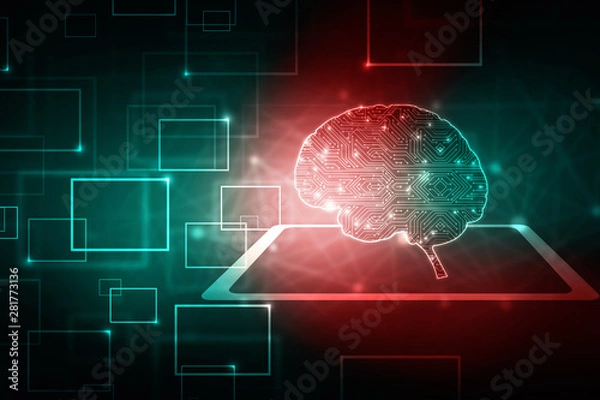 Fototapeta 2d illustration Concept of thinking, background with brain, Abstract Artificial intelligence. Technology web background