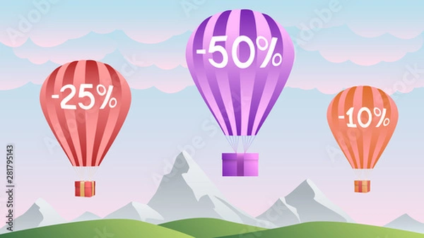 Fototapeta Air balloons with gift box. Discount  10%, 25%, 50% on background nature and air balloons. Summer banner, website, poster, and sales promotion background set..Vector illustration.