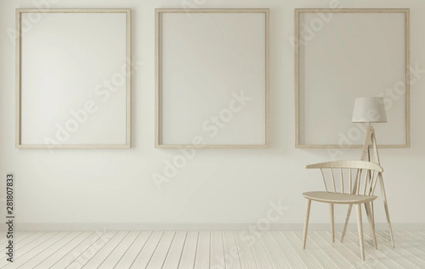 Fototapeta mock up poster frame and white chair on white living room.3D rendering