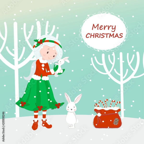 Fototapeta Cute hares in the woods. Merry Christmas. Postcard. Elf and sweets as a gift.