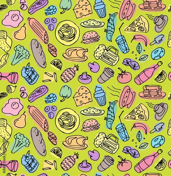 Fototapeta Various hand drawn food cookery dishes doodle outline colorful sketch seamless pattern on green background. Vector drawing cooking cartoon art illustration