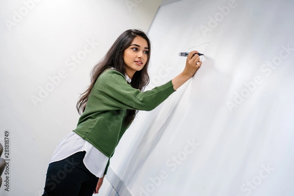 Fototapeta Portrait of a young, beautiful, attractive and intelligent looking Indian Asian lecturer or student explaining a concept by sketching on a whiteboard. She is wearing a preppy sweater, shirt and jeans,