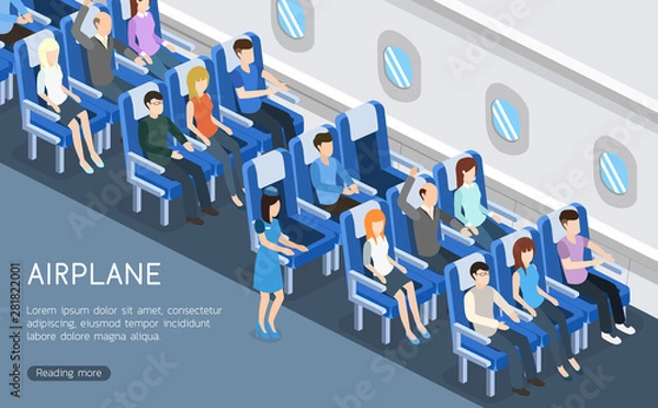 Fototapeta Isometric 3D vector illustration interior plane with passengers for landing page