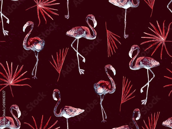 Fototapeta Large flamingo red hawaiian seamless pattern.