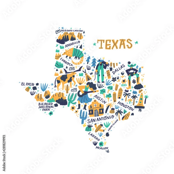 Fototapeta Mapa kreskówka Teksas wektor ilustracja. Miasta, punkty orientacyjne, atrakcje turystyczne i trasy w zachodnich stanach Ameryki Nazwy rysunków bazgroły. USA plansza podróży plakat, banner projekt płaski ręcznie rysowane