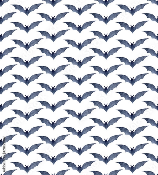 Fototapeta Seamless bat pattern for Halloween on white watercolor background. Decoration for the autumn holiday. Mystical, fabulous, fun style. Bright background for packaging, textiles,
