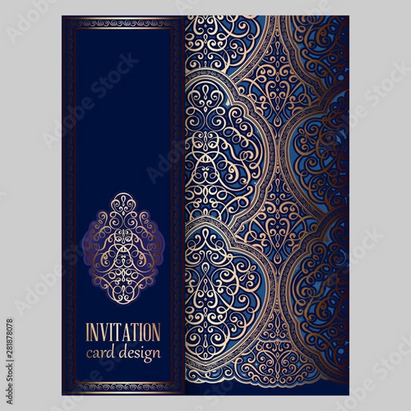 Fototapeta Wedding invitation card with gold and blue shiny eastern and baroque rich foliage. Ornate brocade background for your design. Intricate design template