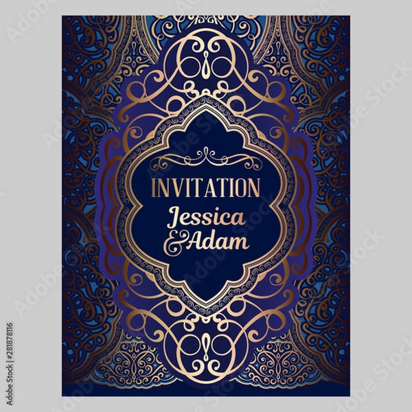 Fototapeta Wedding invitation card with gold and blue shiny eastern and baroque rich foliage. Ornate brocade background for your design. Intricate design template