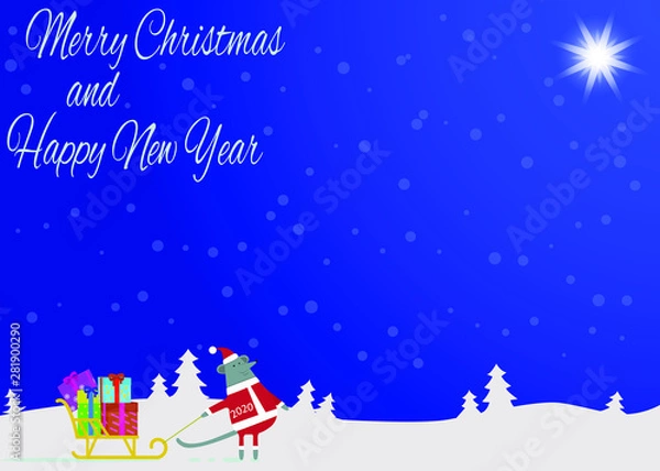 Fototapeta Merry Christmas and happy New year. New year blue background with snow, Christmas trees and symbol of Chinese new year 2020 mouse for banner, decoration, invitations, postcards
