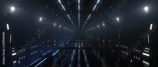 Fototapeta Spaceship interior bridge corridor with hazy misty atmospheric lights, 3d Render	