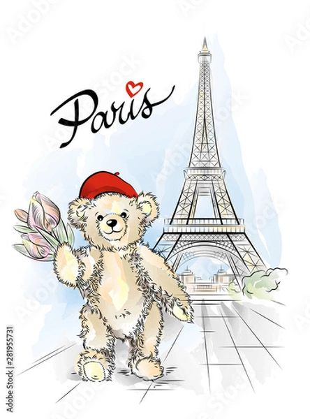 Fototapeta Postcard with Teddy bear and Eiffel tower from Paris, France. Vector illustration