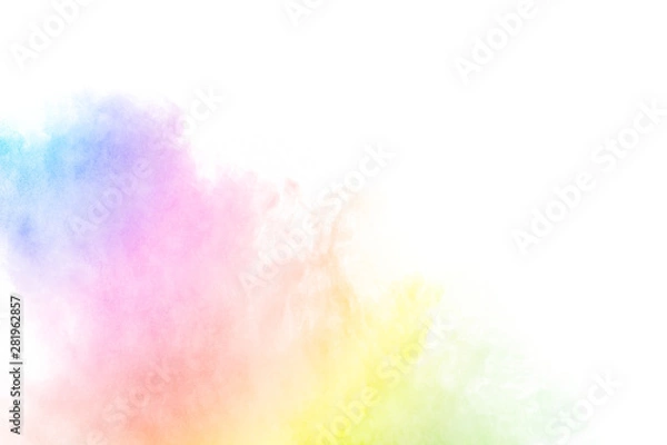 Obraz The explosion of multi colored powder. Beautiful rainbow color powder fly away. The cloud of glowing color powder on white background