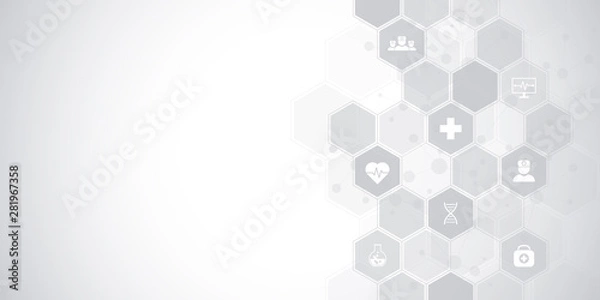 Fototapeta Abstract medical background with flat icons and symbols. Template design with concept and idea for healthcare technology, innovation medicine, health, science and research.