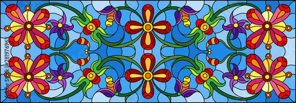 Obraz Illustration in stained glass style with abstract  swirls,flowers and leaves  on a blue background,horizontal orientation