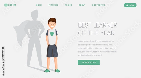 Fototapeta Best learner landing page vector template. Best student, excellent schoolkid of year website, webpage. Happy schoolboy with superhero shadow, teenager celebrating victory cartoon character