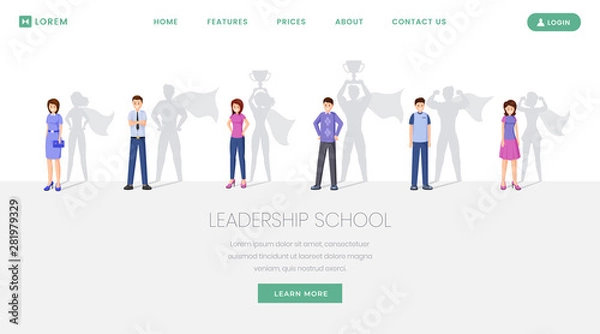 Obraz Leadership school landing page vector template. Training, seminars for leaders development website, webpage. Motivated people, man and woman with superhero shadow cartoon characters