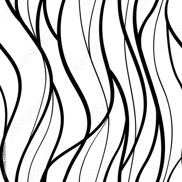 Obraz abstract lines waves pattern seamless , curve intertwine black line shape hand drawn hair or sea ornate wallpaper background fabric textile , repeatable isolated on white vector illustration 