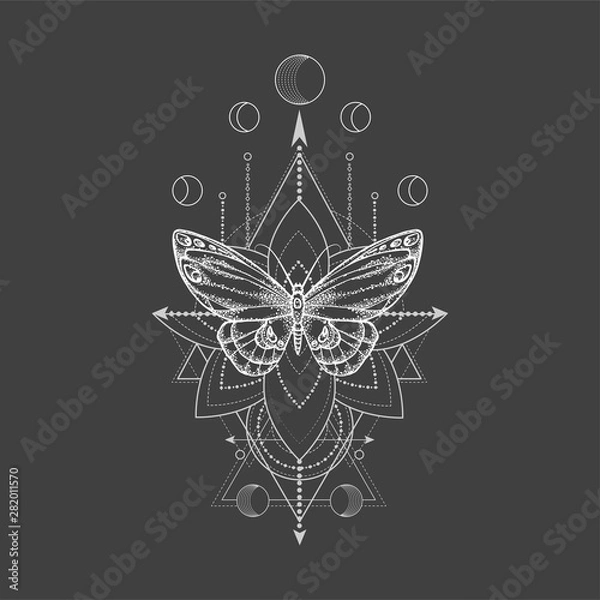 Fototapeta Vector illustration with hand drawn butterfly and Sacred geometric symbol on black background. Abstract mystic sign.