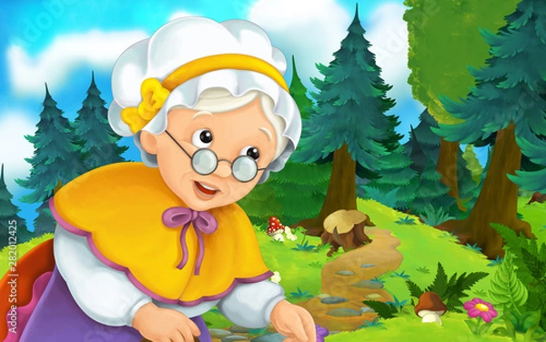 Fototapeta Cartoon scene on a happy older woman walking through the forest - illustration for children